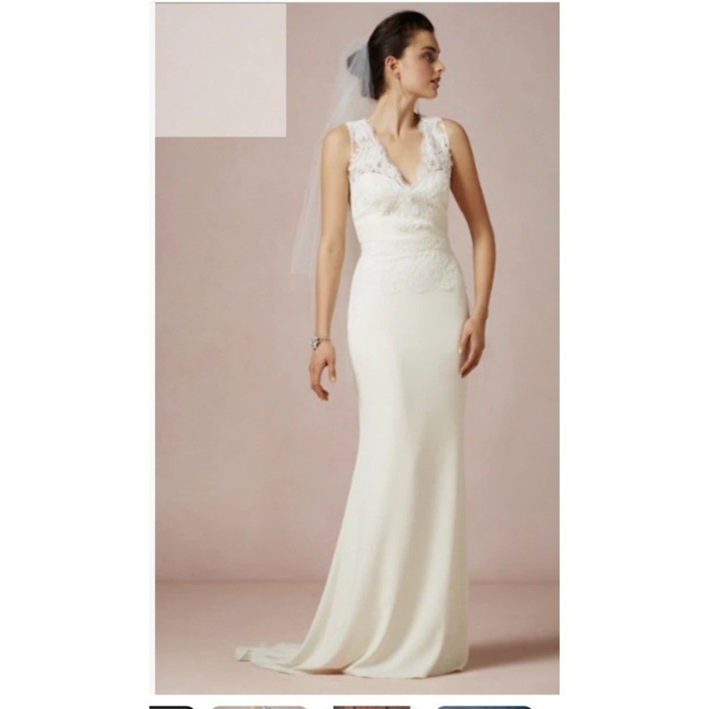 BHLDN Odessa Badgley Mischka Wedding Dress Bridal Open Back Lace Ivory Cream 6